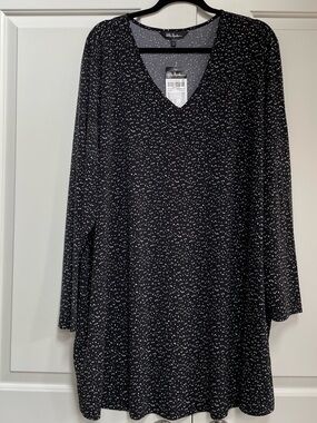 NWT Ulla Popken Stretch Black Dotted  Long Sleeve V Neck Mini Dress Top Coverup